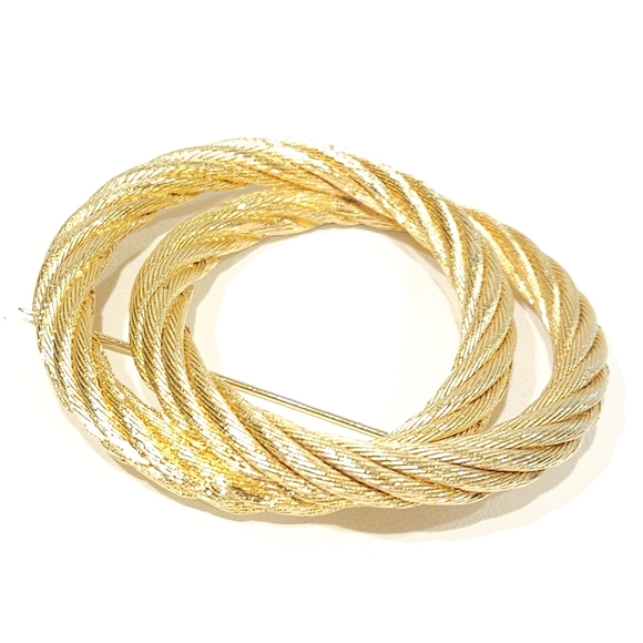 Vintage Dior Gold Tone Rope Double Circle Brooch Pin - Picture 12 of 16